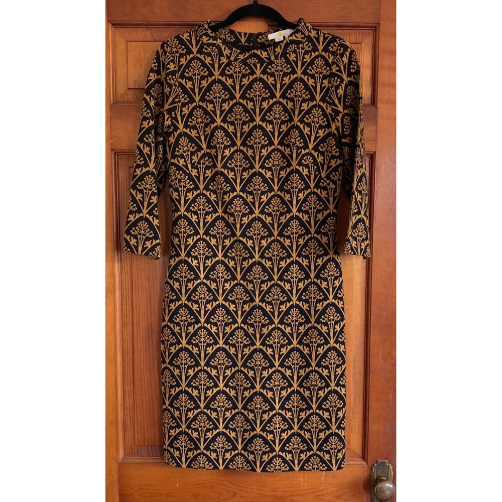Boden Womens 6L Black Gold Jacquard Floral Sheath Dress Classic Mod Professional